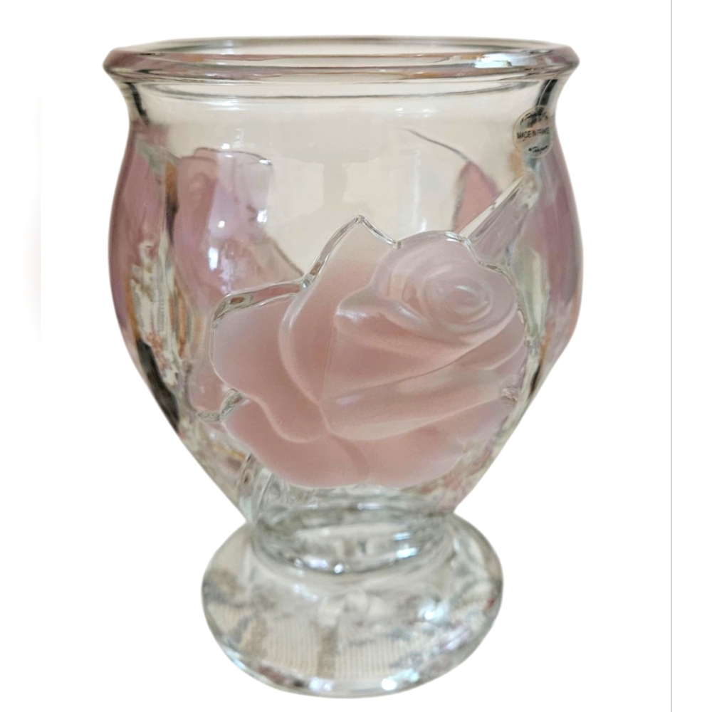 Rare Find Vintage Three Frosted Raised Pink Roses  Glass Vase-TELEFLORA GIFT